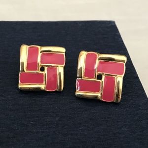 1980s Vintage Enamel Pierced Earrings Pink & Gold